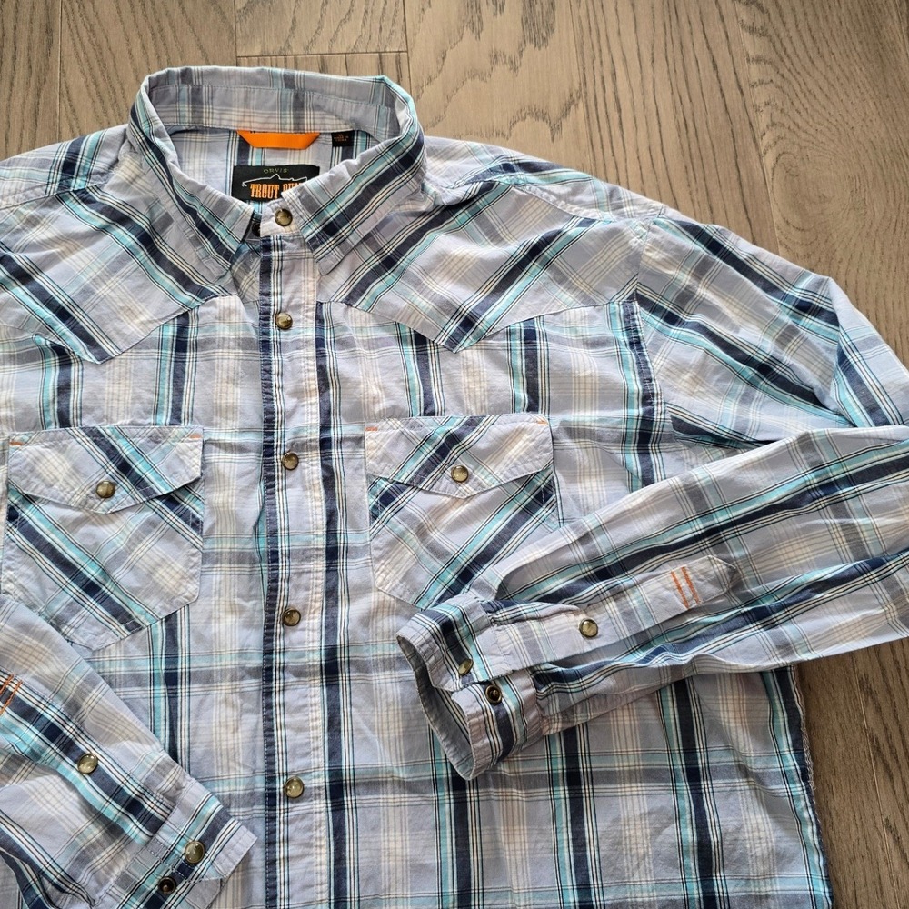 Orvis Trout Bum Men's XL Pearl Snap Plaid Shirt Blue Long Sleeve Western Yoke